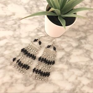 Silver and Black Beaded Dangle Earrings